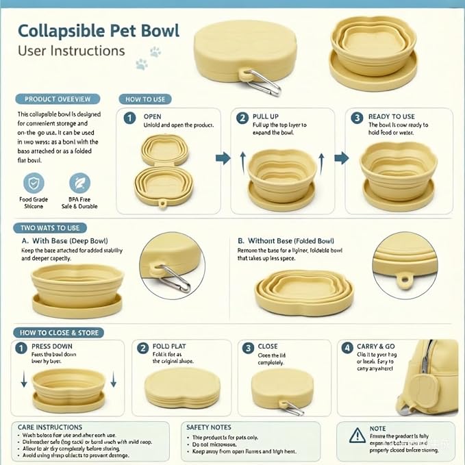 Portable Collapsible Dog Bowl, 2-in-1 Foldable Pet Feeding & Water Dish with Carabiner Lightweight Travel Bowl for Dogs & Cats, Perfect for Walking, Hiking, Camping (Yellow)