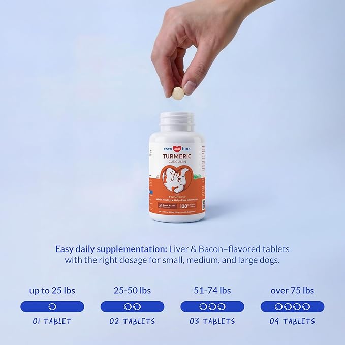 Turmeric for Dogs 120 Tablets - Anti-Inflammatory, Joint & Collagen | Curcumin & BioPerine for maximum absorption. Supports joint health, reduces inflammation & eases pain. 120 chewable tablets.