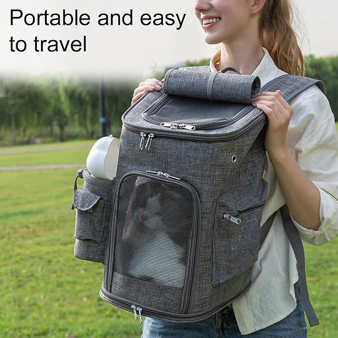 Cat &Dog Carrier Backpack, Pet Carrier with Sun Shade & Full Front Opening, Breathable Mesh Backpack for Small Dogs & Medium Cats Up to 18 Lbs, for Traveling, Hiking, Camping (Grey)