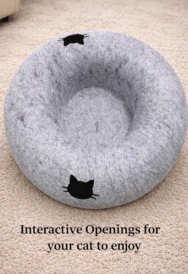 Cat Tunnel Bed - Comfort Bedz Large Donut Cave for Cats, Felt Enclosed Hideaway with Zipper, Top Perch, Interactive Toy, Washable Indoor Cat House