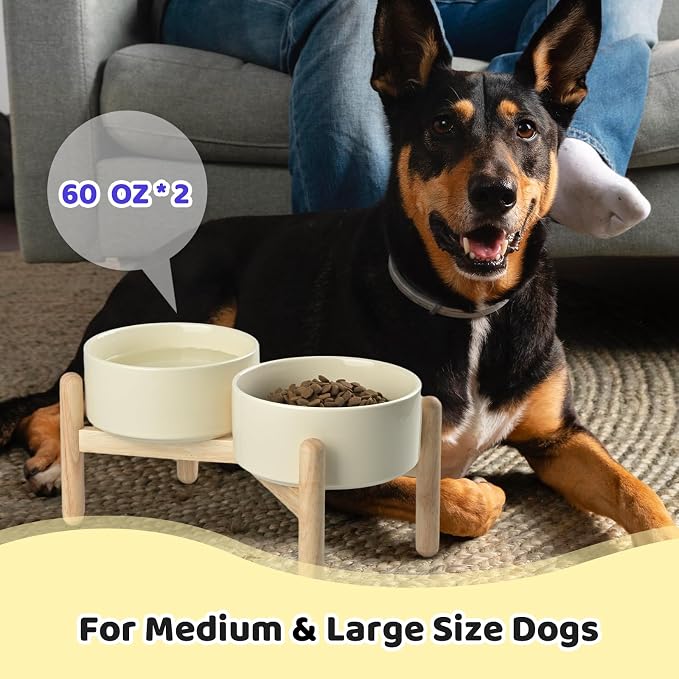 SPUNKYJUNKY Ceramics Elevated Dog Bowls with Wooden Stand - Raised Double 60OZ Cream White Bowls for Medium Large Dogs