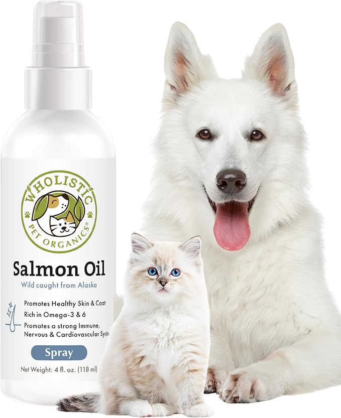 Wholistic Pet Organics Wild Alaskan Salmon Oil for Dogs and Cats - Omega 3 Fish Oil for Dogs & Cats - Cat & Dog Skin and Coat Supplement for Heart, Joints - DHA, EPA Omega 3 Liquid Food Topper - 4 oz