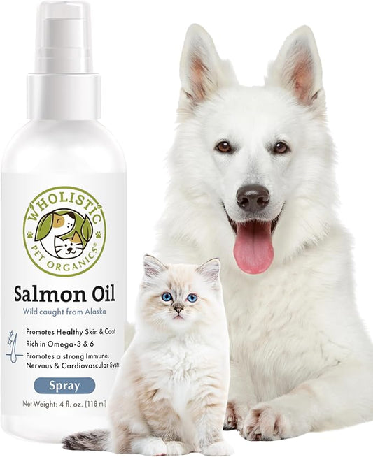 Wholistic Pet Organics Wild Alaskan Salmon Oil for Dogs and Cats - Omega 3 Fish Oil for Dogs & Cats - Cat & Dog Skin and Coat Supplement for Heart, Joints - DHA, EPA Omega 3 Liquid Food Topper - 4 oz