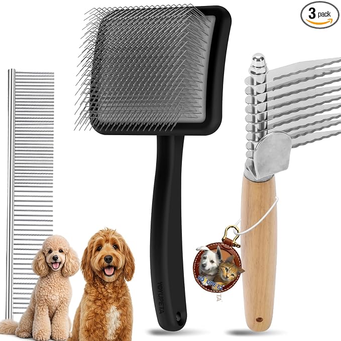 Large Slicker Brush for Dogs - Long Pin Deshedding Brush for Mats & Shedding on Long Haired Dogs, Doodles, Poodles, Goldendoodle, Labradoodle, 3pc Grooming Kits with Wooden Handle, Black