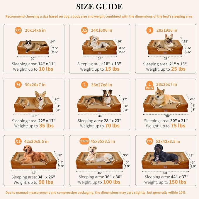 Comfort Expression Orthopedic Dog Bed for Large Dogs 38x25 Inch, Waterproof Supportive Egg Crate Foam Large Pet Bed with Removable Bolsters, Dog Couch with Washable Cover & Non-Slip Bottom, Orange