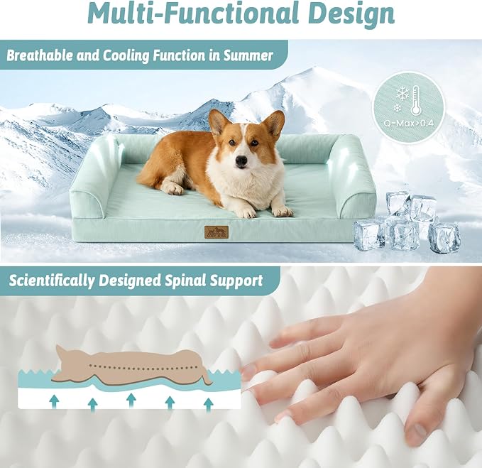 COZY KISS Cooling Dog Bed for Medium Dogs, 36"x27" Orthopedic Foam Sofa with Bolster Sides, Q-Max >0.4 Cooling Technology, Cool Pet Bed with Removable Washable Cover, Green