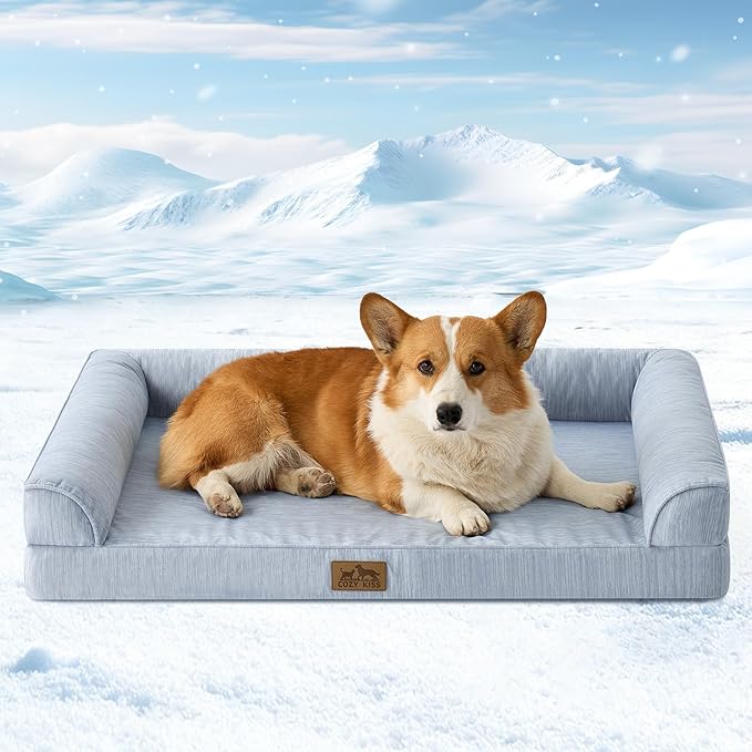 COZY KISS Cooling Dog Bed for Medium Dogs, 36"x27" Orthopedic Foam Sofa with Bolster Sides, Q-Max >0.4 Cooling Technology, Cool Pet Bed with Removable Washable Cover, Blue