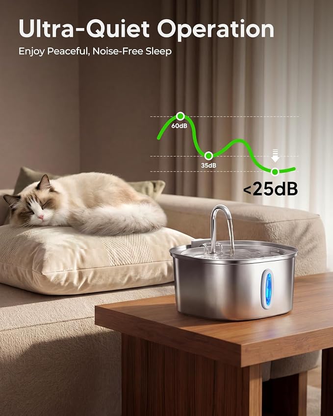 PEKTACO Stainless Steel Cat Water Fountain, 3.2L/108oz Cat Water Dispenser with Quiet Water Pump, Dishwasher Safe Pet Drinking Fountain for Cats