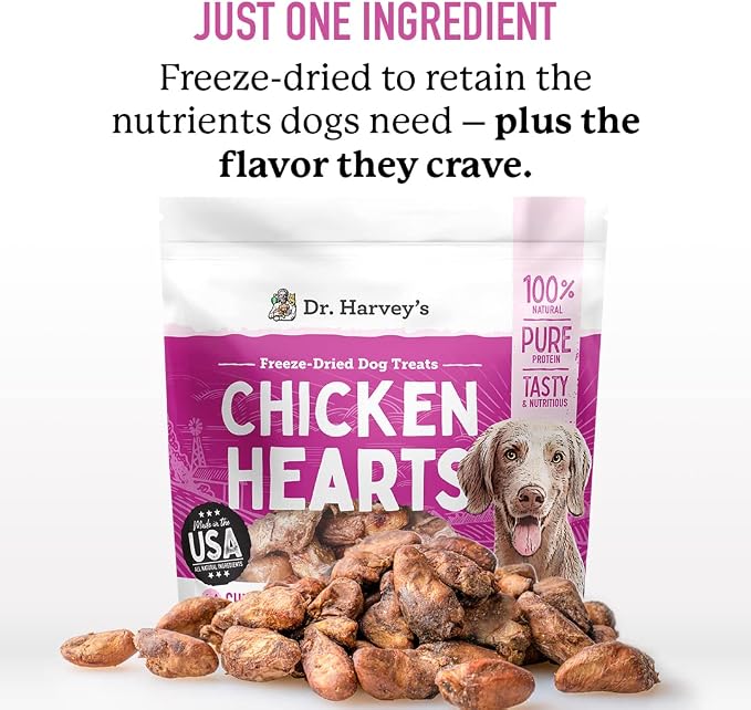 Dr. Harvey's Freeze-Dried Chicken Hearts - Training Dog Treats, Single Ingredient, All-Natural USA Sourced Protein, Allergen-Free - 7 Ounces (Pack of 1)