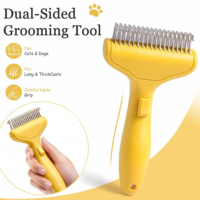 Dog Brush and Cat Deshedding Rake, Pet Grooming Tool for Shedding with Rounded Stainless Steel Teeth, Comfortable Grip for Long or Thick Coats (Style 2 Yellow)