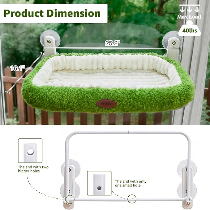 Woochpet Cat Window Perch，Cordless Foldable Cat Hammock Bed for Window with Solid Metal Frame and Ultra Soft Machine Washable Bed with 4-Sided Bolster, 4 Strong Suction Cups Window Resting Seat