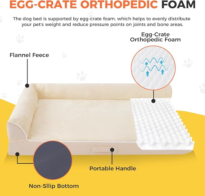 Dog Bed Large Sized Dogs, XL Orthopedic Dog Bed for Large Dogs, Waterproof Pet Bed with Washable Removable Cover, L-Shaped Pet Couch with Portable Handle 42"x30"x7.5", Beige