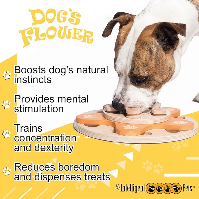 Dog's Flower - Interactive Wooden Puzzle Toy for Dogs, Brain Game for Mental Stimulation and Enrichment, All-Wood Design for Smart Dogs