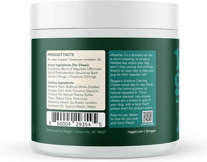 Reggie Anytime Calming Chews for Dogs | Dog Anxiety Relief with L-Theanine & Magnolia Barks | Dog Calming Treats for Separation Anxiety, Thunderstorms, Travel & Stress | 60 Soft Chews