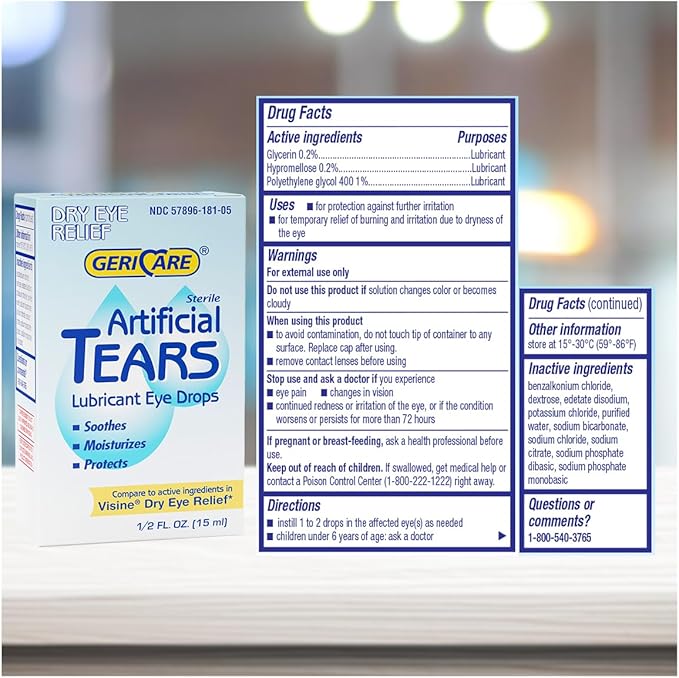 GeriCare Artificial Lubricating Tears, Soothing Eye Hydration Drops, Long Lasting Lubricant Formula for Dry Eyes, 0.5 fl oz Bottle (15ml) (1 Pack)