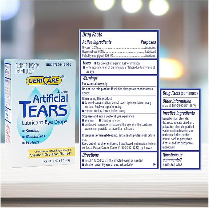 GeriCare Artificial Lubricating Tears, Soothing Eye Hydration Drops - Long Lasting Eye Lubricant Formula, 0.5 fl oz Bottle (15ml) (Pack of 3)