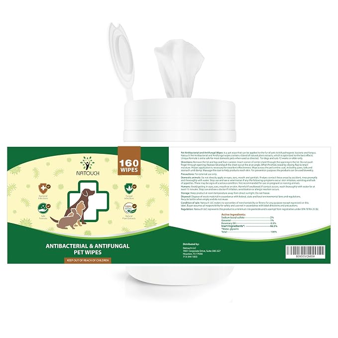 Antifungal and Antibacterial Wipes for Dogs & Cats, Dog Yeast Infection Treatment Wipes, All Natural Grooming Wipes for Cleaning, Help with Hot Spots, Ringworm, and Skin Infections, 160 Count
