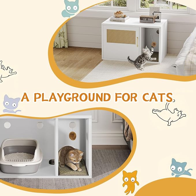 Cat Litter Box Enclosure, Hidden Litter Box Furniture with Door & Bell, Pet House Fit Most of Litter Box, White