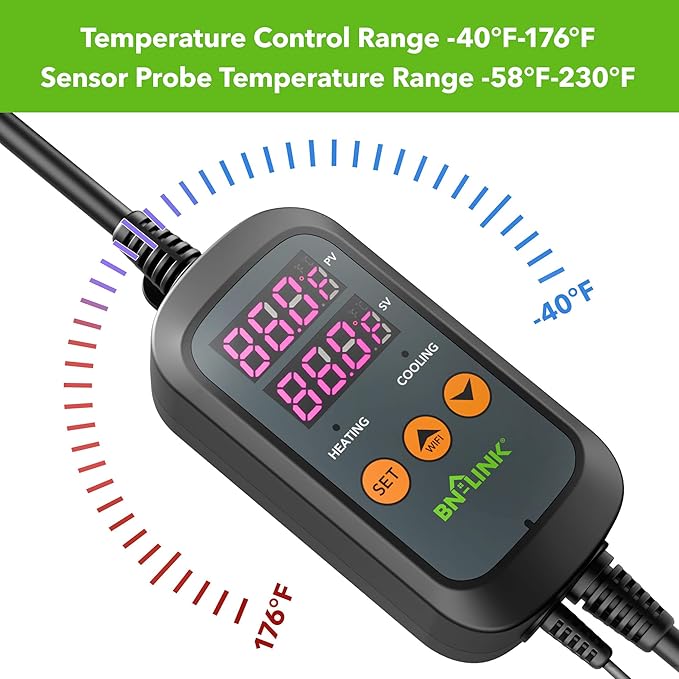 BN-LINK Digital Temperature Controller Thermostat Outlet with Heating Cooling Mode, 2-Stage Outlet Thermostat Controller Plug for Reptiles Aquarium Carboy Homebrew Breeding Fermenter Seed Germination