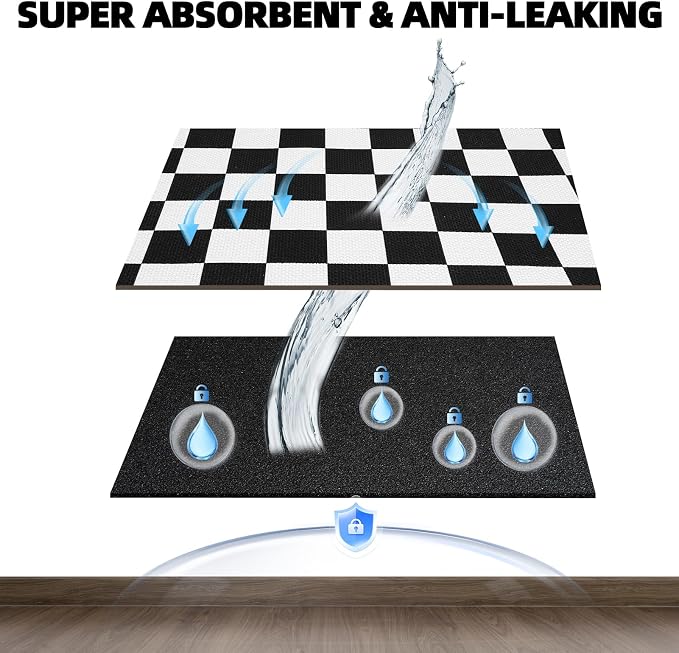 PUPTECK Dog Food Mat, Absorbent Pet Cat Feeding Mat for Food and Water Bowls, Anti-Slip Dog Placemat for Floors Waterproof, Pet Supplies Accessories, Black & White Checkered S