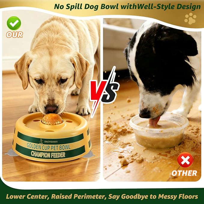 Golden Cup Slow Feeder Dog Bowls for Liquid Treat, Textured Spherical lid Integrated Anti-Slip Base, Yogurt Bone Broth Lick mat Dog Toy Prevent Accidental Ingestion Assist Digestion, slowing Feeding