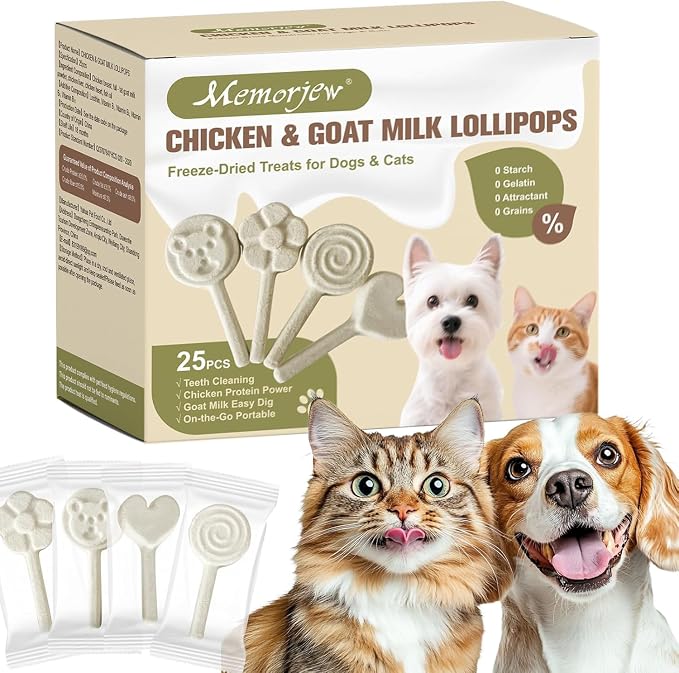 Memorjew 25PCS Chicken & Goat Milk Freeze- Dried Lollipops｜Individually Wrapped, Portable Dental Food for Dogs & Cats (Chicken Flavor, 25pcs)