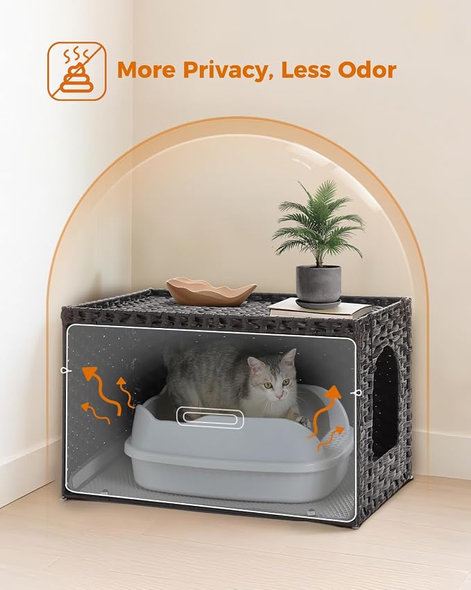 MUTTROS Rattan Cat Litter Box Enclosure - Hidden Litter Box Furniture by Handwoven Wicker with Taller Doorway & Raised Edge Mat-Cat House Cabinet for Large Cats Indoor Living Room Odor Control, Black