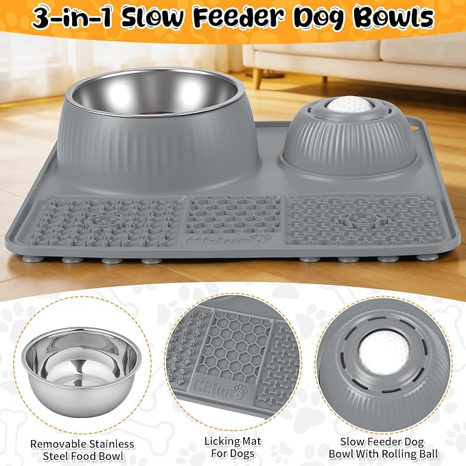 Dog Lick Bowl with Rolling Ball for Liquid and Thick Treat—3 in 1 Slow Feeder Dog Bowls+Lick Mat+50oz Stainless Steel Food Bowl,Anti-Slip 5/6 Cup Licking Toy for Medium Large Dogs and Cats Grey