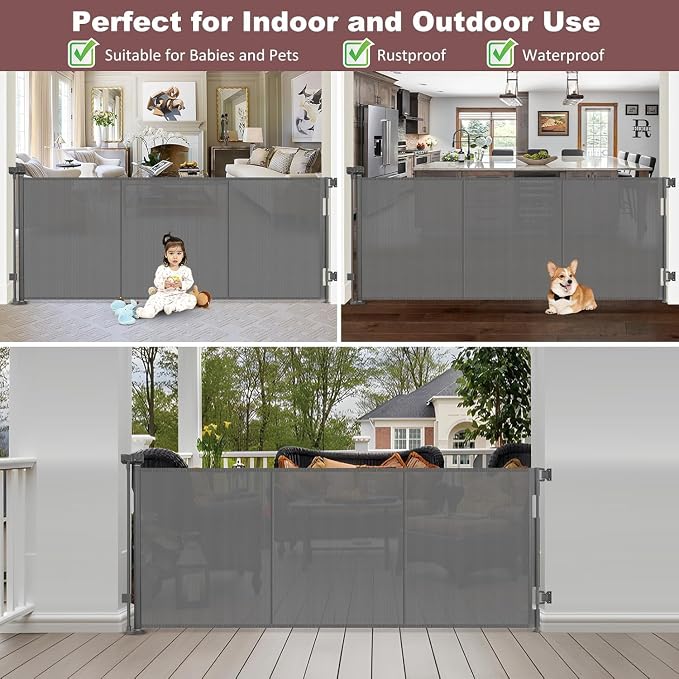 GRENFU Reinforced 41 Inch Extra Tall Pet Gate, 80 Inch Extra Wide, Retractable Baby Gate with Support Rods, Gray, Metal Frame with Mesh Fabric, Ideal for Dogs and Babies