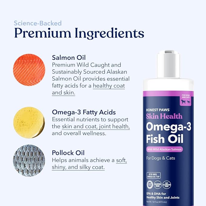 Honest Paws Salmon Oil for Dogs & Cats – Omega 3 Fish Oil Supplement for Skin, Coat, Joint & Heart Health – Natural, Sustainably Sourced Wild Alaskan Salmon, 16 oz (Pack of 2)