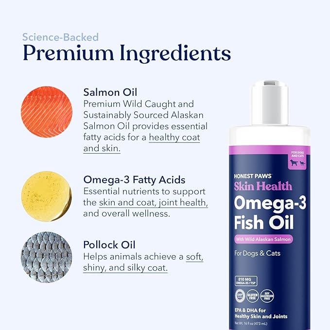 Honest Paws Salmon Oil for Dogs & Cats – Omega 3 Fish Oil Supplement for Skin, Coat, Joint & Heart Health – Natural, Sustainably Sourced Wild Alaskan Salmon, 16 oz