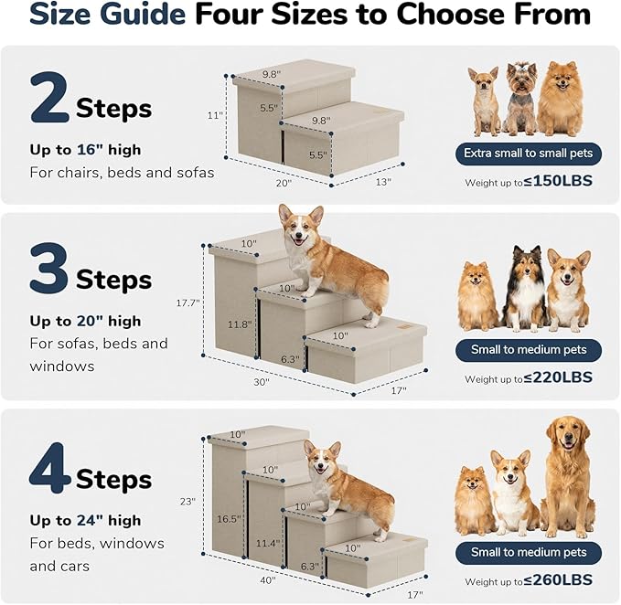 3-Step Wide Dog Stairs with Hidden Storage 18" H, Non-Slip Dog Steps for High Bed Couch Window Car, Jiont-Friendly Pet Stairs Ramp for Small/Medium/Large Old Dogs Cats Up to 220lbs, Beige