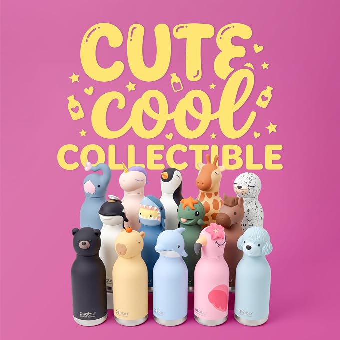 Asobu Bestie Bottle Limited Edition Collectible Kids Water Bottle with Animal Character Lid 16oz (460ml) Insulated Stainless Steel, Leakproof, Reusable with Straw Fun Gift for Girls & Boys
