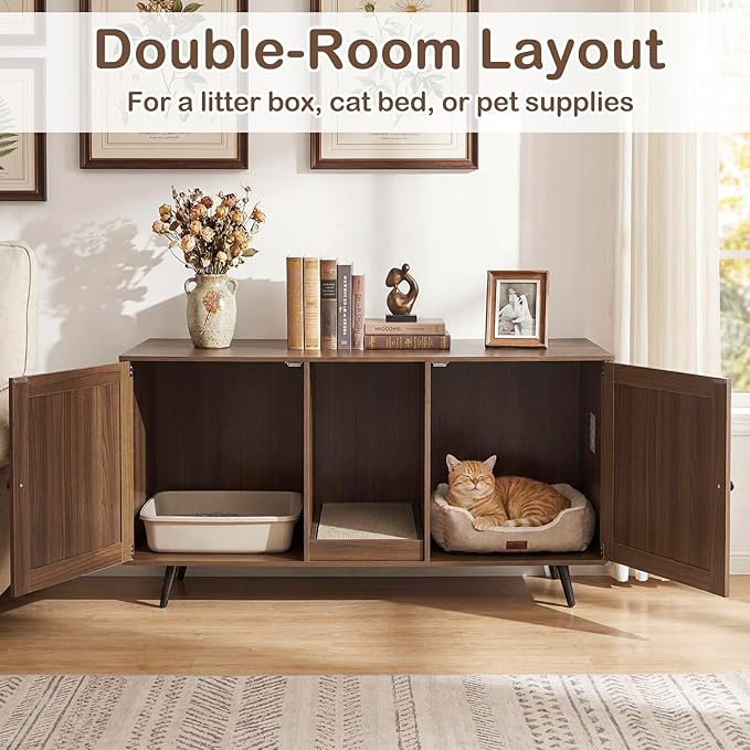 Tangkula Double Cat Litter Box Enclosure for 2 Cats, Large Stackable Hidden Privacy Cat Washroom Cabinet with Scratching Board, Indoor Cat House TV Stand Side Table, Litter Box Furniture (Brown)