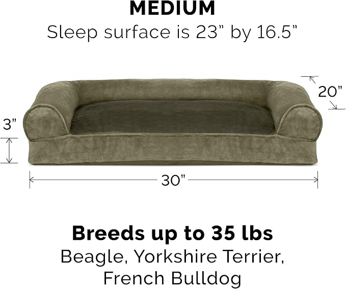 Furhaven Pillow Dog Bed for Medium/Small Dogs w/ Removable Bolsters & Washable Cover - Faux Fur & Velvet Sofa - Dark Sage, Medium