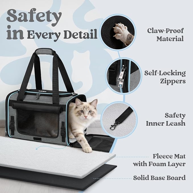 rabbitgoo Cat Carrier Soft, Pet Bag with Rollable Flap for Anxious Kittens, Travel Safe for Car Airline, Collapsible Portable Carrying for Medium to Large Cats, Grey, 19" L x 12" W x 12" H