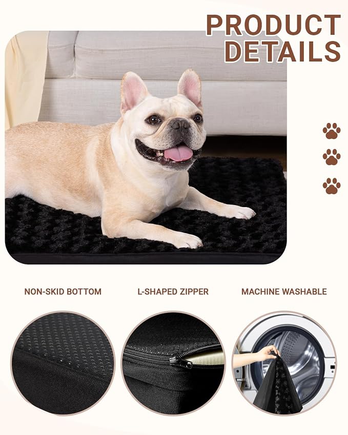 KSIIA Dog Crate Bed Waterproof Dog Bed for Crate Soft Rose Velvet Supportive Kennel Pad for Medium Pets with Removable Washable Cover & Non-Slip Bottom, 29 x 18 Inch, Black