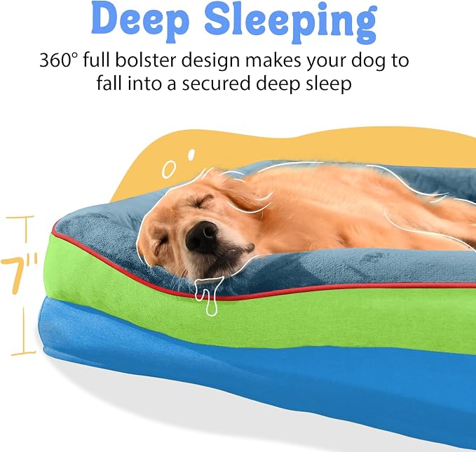 Chez Paw XXL Orthopedic Dog Bed for Extra Large Dogs, Extra Thick Egg-Crate Foam Waterproof Pet Couch with Removable Washable Cover, 4-Sided Bolster & Non-Slip Bottom, Blue Lime 45"x35"x7.5"