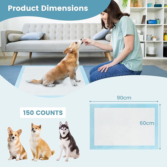 PETSITE Dog and Puppy Pee Pads, 6-Layer Leak-Proof Super Absorbent, Quick-Dry Surface, Indoor Outdoor Disposable Potty Training Pads, Blue & White (36" x 24" (150 Count))