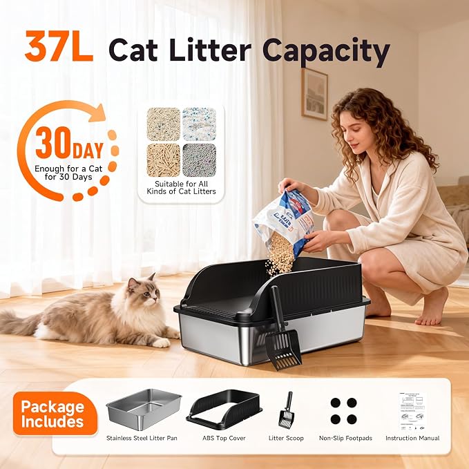 Stainless Steel Cat Litter Box with Lid, XL Extra Large High Sided Litter Box for Big Cats, Odor Free Open Top Litter Pan Easy Cleaning Anti-Urine Leakage Non-Stick, Includes Scoop