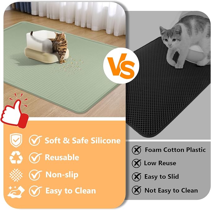 Silicone Cat Litter Mat, 45" x 30" Extra Large Litter Trapping Mat for Litter Box, Leak-Proof, Non-Slip, Kitty Litter Mats with Soft Texture for Floor, Keeping The Floor Clean (Green)