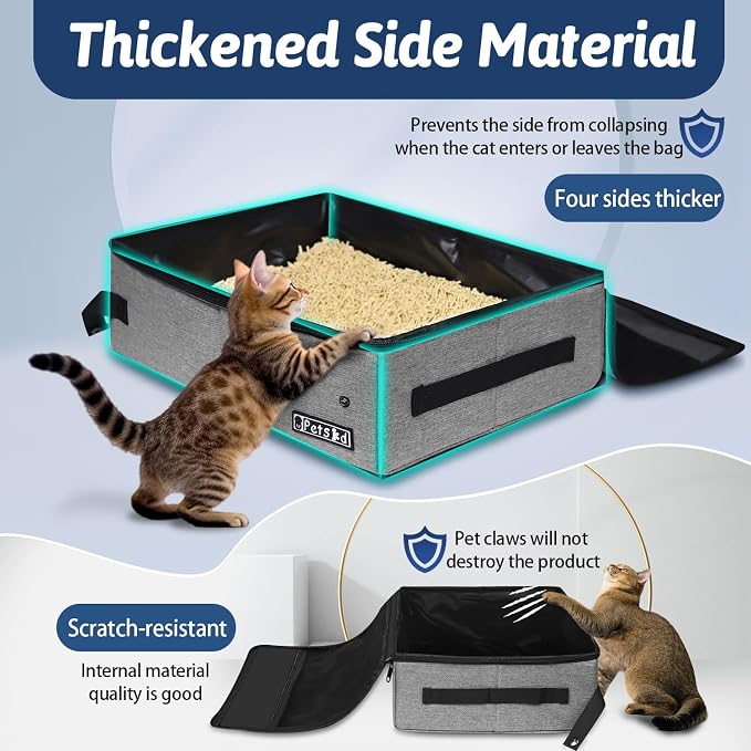 Petskd Portable Cat Travel Litter Box with Lid and 10 pcs Disposable Liner Bags, Leak-Proof and Collapsible, Cat Travel Essentials for Car, Hotel, Airplane and Other Outdoor Use(Grey)