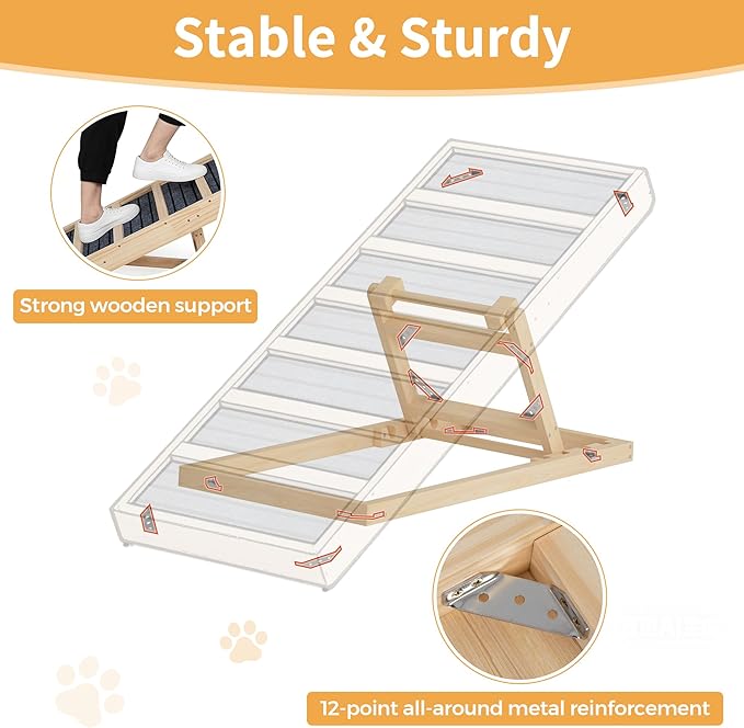 Adjustable Wooden Dog Ramp for Bed and Couch - 39" Folding Pet Ramp with 4 Heights and Non-Slip Safety Rails for 132lbs Small, Medium, and Senior Dogs