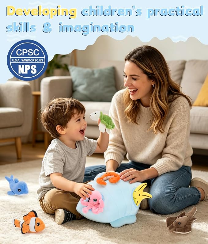 Muiteiur 11.42" Blue Ocean Plush Sea Animals Set with Storage Shell | Soft 9 PCS Ocean Animal Plush Set with Storage Shell for Toddlers and Kids, Sensory Llearning and Montessori Travel Play