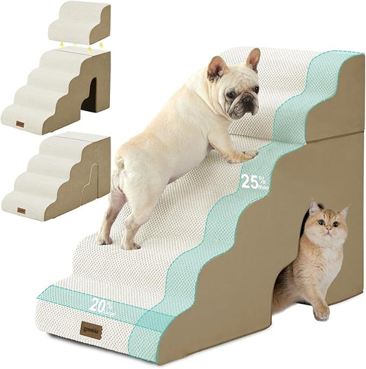 ZOMISIA Dog Steps for High Beds - 6 Step 29" H Pet Stairs with Tunnel 2 in 1 with Zippers Suitable for Large Dogs and Cats, Indoor Cat Ladders with Non-Slip Bottom, Beige