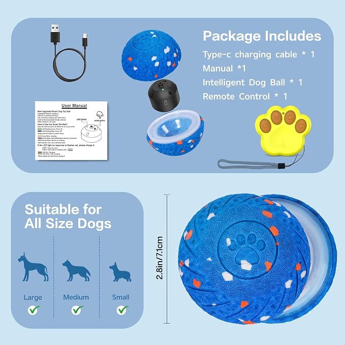 Interactive Dog Ball, Remote-Controlled Moving Dog Toy with Colorful Lights, 3 Interactive Modes and TPU Material, Bouncing Ball for Dogs to Keep Them Entertained