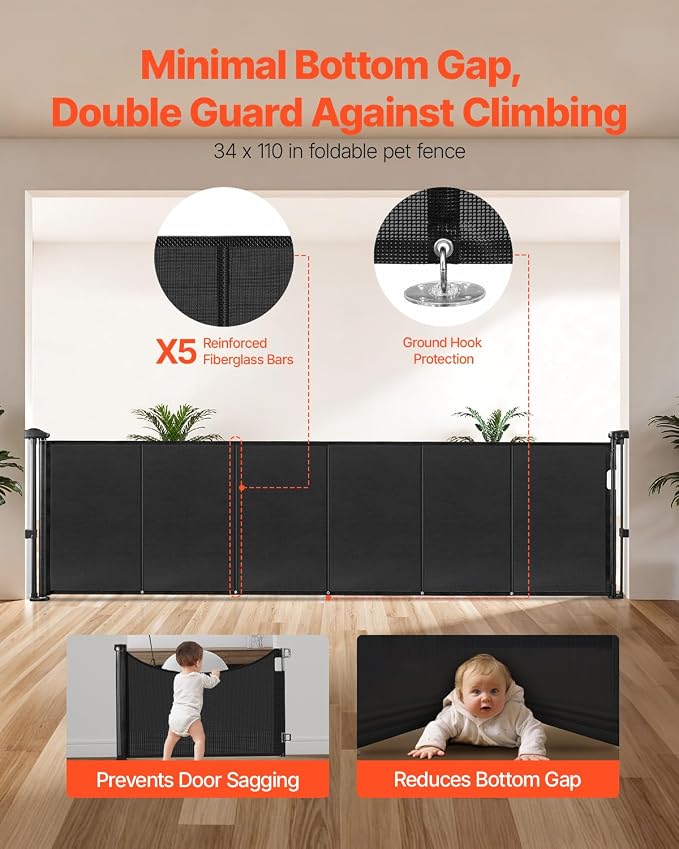 VEVOR Retractable Baby Gate, 34 inch Tall, Extends up to 110 inch Wide, Retractable Gate for Kids or Pets, Mesh Material, Easy to Install for Indoor Stairs, Doorways, Hallways, Playrooms, Black