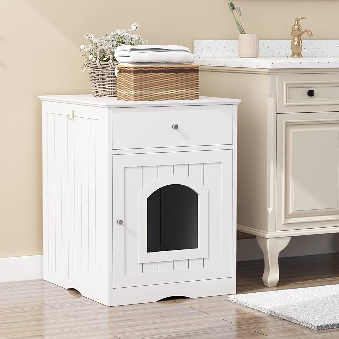 Cat Litter House, Enclosure Cat Litter Box Furniture with Doors Storage Drawer Indoor Cat Washroom Storage Side Table Cat House Large Wooden Enclosure Litter Box