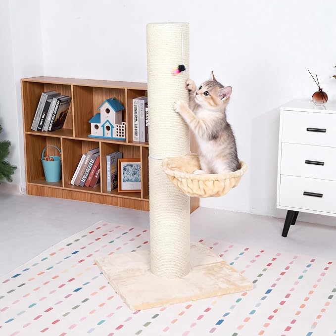 Tall Scratching Post for Cats 47in Tall Sturdy Natural Sisal Cat Scratcher with Thick Solid Wood Base Scratching Post Hammock for Indoor Adult Cat Stable Cat Scratcher with Ball Interactive Toy