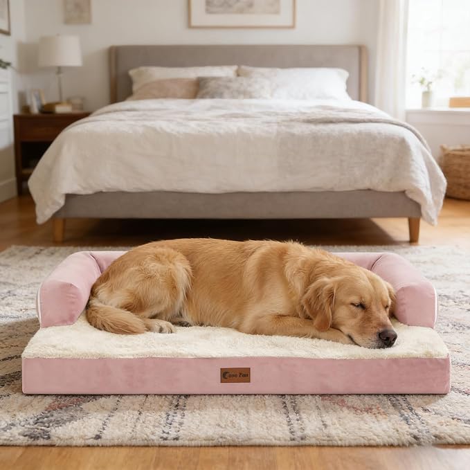 Orthopedic Dog Beds for Large Medium Sized Dogs, Waterproof Egg Crate Foam Large Dog Couch Beds with Comfy Bolster 36x27Inch, Washable Pet Beds with Removable Cover, Pink